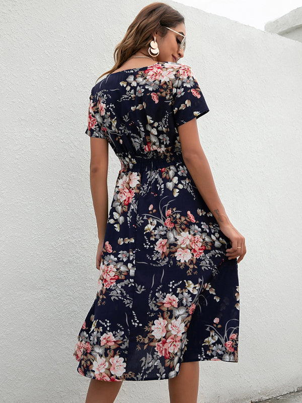 Summer new elegant casual vacation V-neck floral print short-sleeved dress