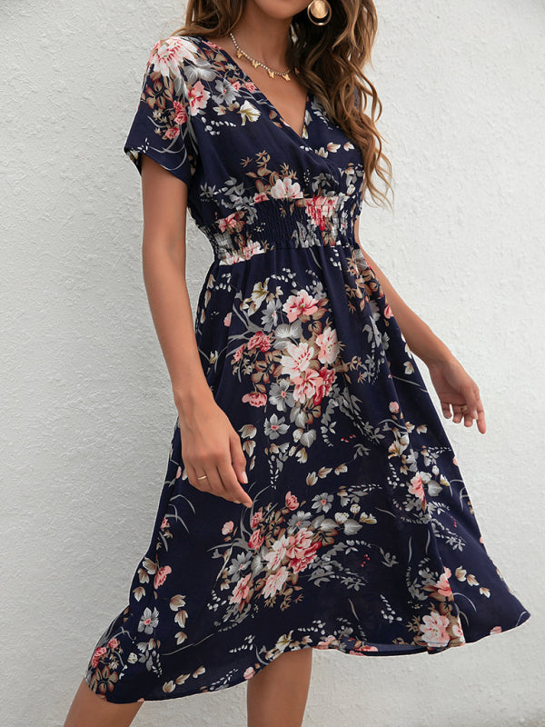 Summer new elegant casual vacation V-neck floral print short-sleeved dress