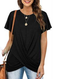 Explosive round neck solid color hem kink short-sleeved T-shirt