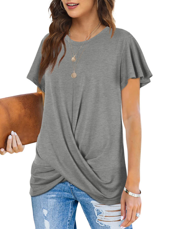 Explosive round neck solid color hem kink short-sleeved T-shirt