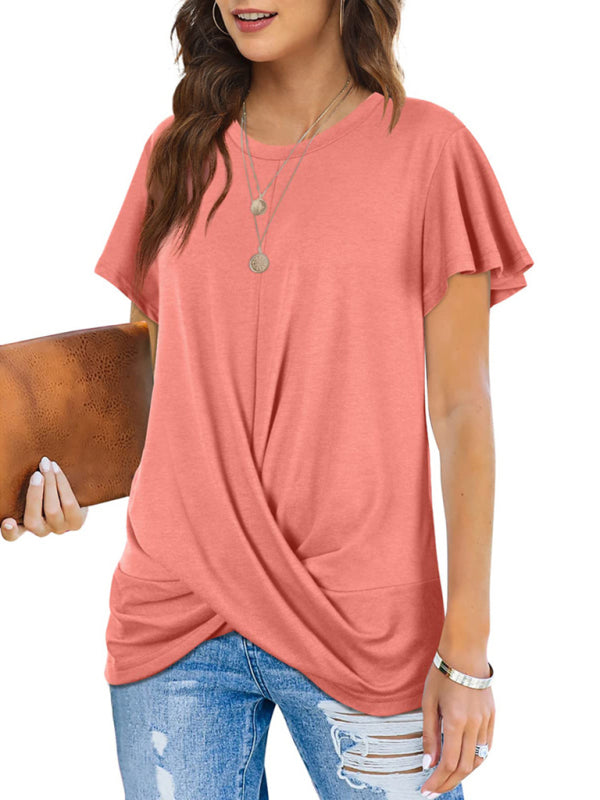 Explosive round neck solid color hem kink short-sleeved T-shirt