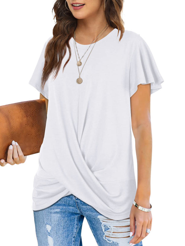 Explosive round neck solid color hem kink short-sleeved T-shirt