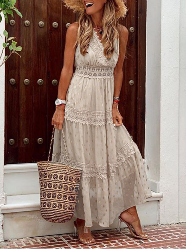 Women's Deep V Sleeveless Lace-Panel Chiffon Midi Dress