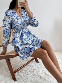 Women's Woven Print Fashion V Neck Pleated Long Sleeve Dress