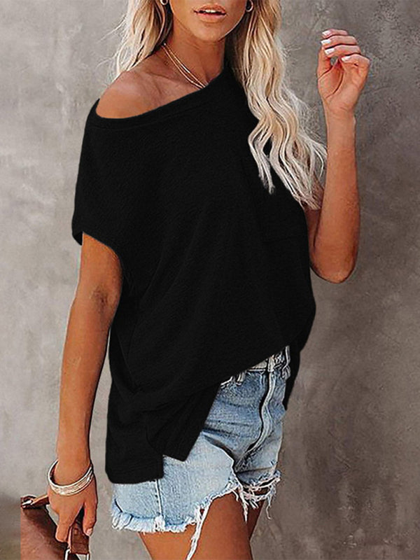 Women's Tops Solid Color Pocket Off Shoulder Round Neck Short Sleeve Women's T-Shirt