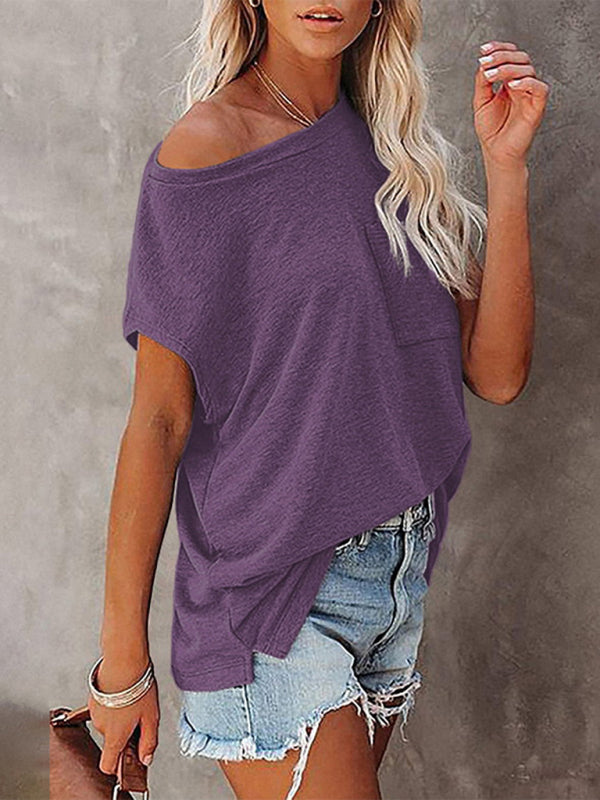 Women's Tops Solid Color Pocket Off Shoulder Round Neck Short Sleeve Women's T-Shirt