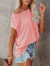 Women's Tops Solid Color Pocket Off Shoulder Round Neck Short Sleeve Women's T-Shirt