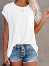 Women's Tops Solid Color Pocket Off Shoulder Round Neck Short Sleeve Women's T-Shirt