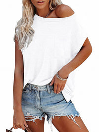 Women's Tops Solid Color Pocket Off Shoulder Round Neck Short Sleeve Women's T-Shirt