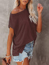 Women's Tops Solid Color Pocket Off Shoulder Round Neck Short Sleeve Women's T-Shirt