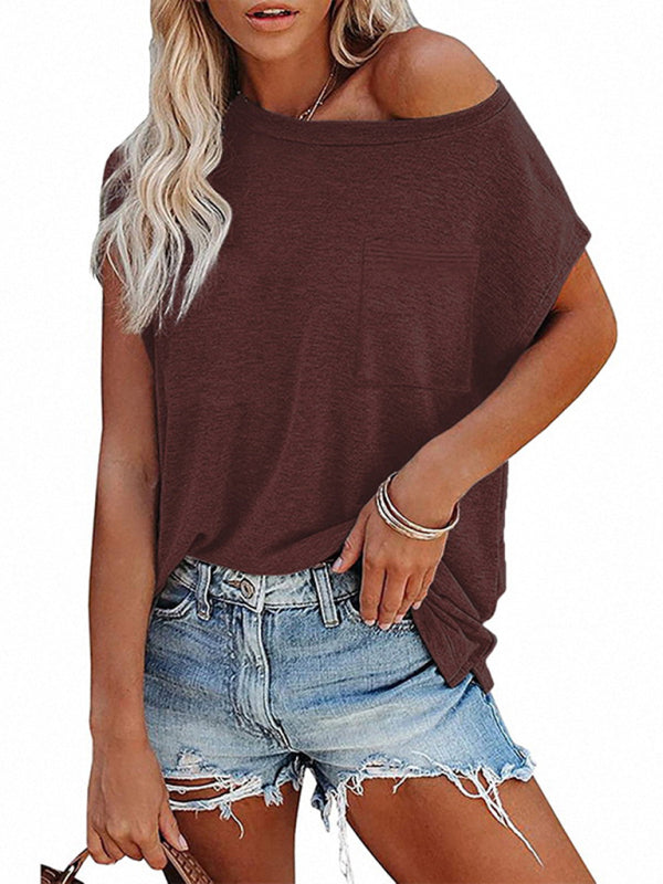 Women's Tops Solid Color Pocket Off Shoulder Round Neck Short Sleeve Women's T-Shirt