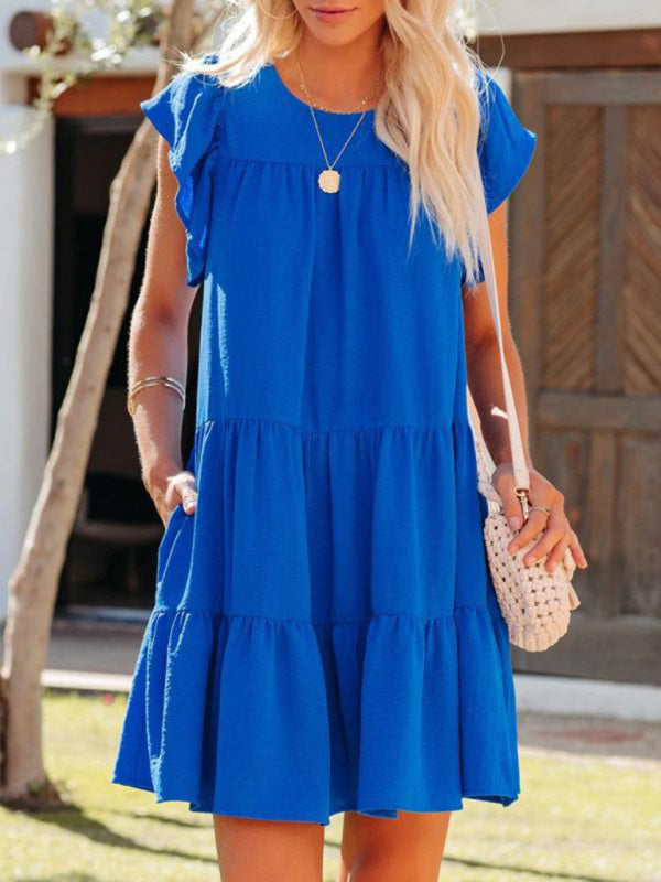 Fashion Pleated Loose Solid Color Short Sleeve Dress