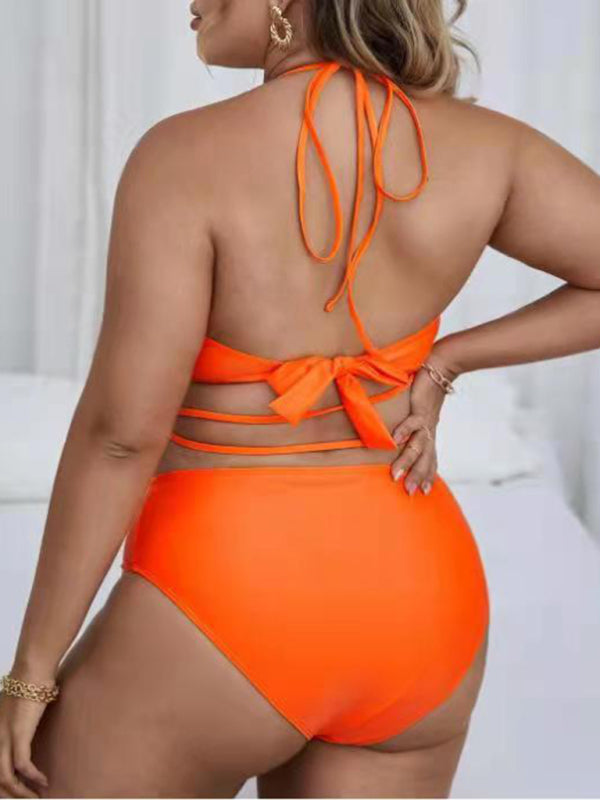 Plus Size Ladies Clothes - Halter Backless Cross Strap Bikini Set