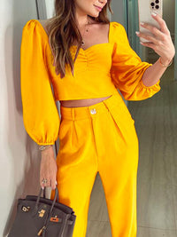 Women's OL temperament solid color square collar top high waist trousers two-piece set