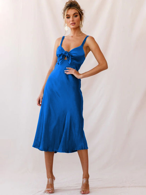 Women's Solid Satin Knotted Strap Midi Dress