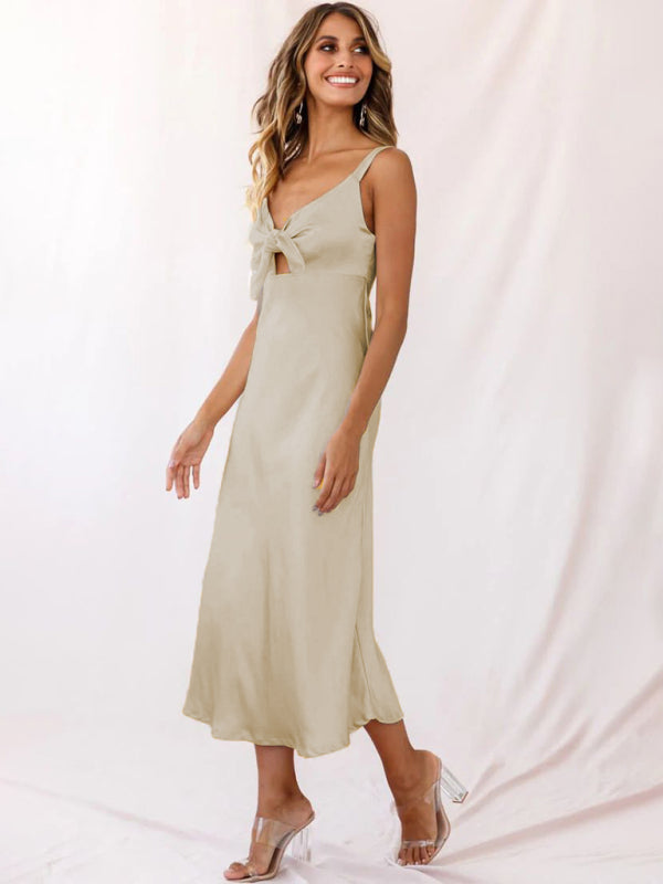 Women's Solid Satin Knotted Strap Midi Dress