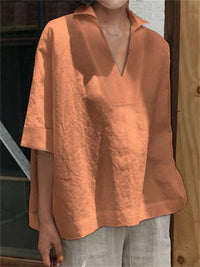 Women's V-neck cotton and linen solid color loose sleeve shirt