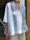 Women's V-neck cotton and linen solid color loose sleeve shirt