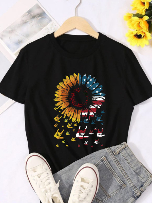 Women's Sunflower Flag Print Short Sleeve T-Shirt