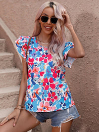 Women's Summer New Fashion Floral Print Double Layer Feifei Short Sleeve Shirt