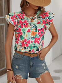 Women's Summer New Fashion Floral Print Double Layer Feifei Short Sleeve Shirt