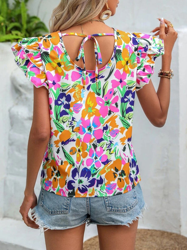 Women's Summer New Fashion Floral Print Double Layer Feifei Short Sleeve Shirt