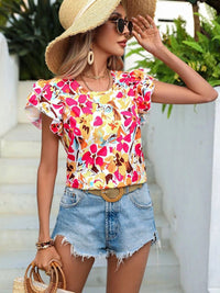 Women's Summer New Fashion Floral Print Double Layer Feifei Short Sleeve Shirt