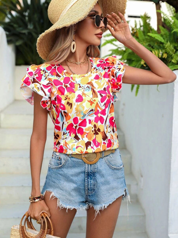 Women's Summer New Fashion Floral Print Double Layer Feifei Short Sleeve Shirt