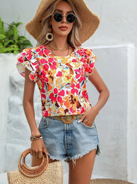 Women's Summer New Fashion Floral Print Double Layer Feifei Short Sleeve Shirt