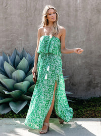 New leaf print off-the-shoulder ruffled slit dress