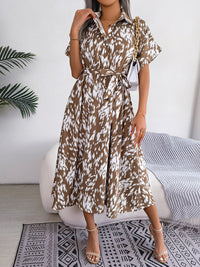 Women's Woven Loose Leopard Print Tie Short Sleeve Shirt Dress