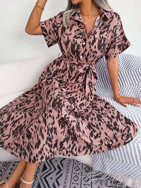 Women's Woven Loose Leopard Print Tie Short Sleeve Shirt Dress