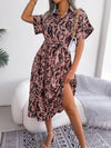 Women's Woven Loose Leopard Print Tie Short Sleeve Shirt Dress