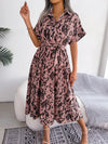 Women's Woven Loose Leopard Print Tie Short Sleeve Shirt Dress