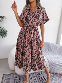 Women's Woven Loose Leopard Print Tie Short Sleeve Shirt Dress