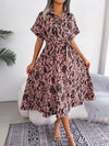 Women's Woven Loose Leopard Print Tie Short Sleeve Shirt Dress