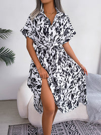 Women's Woven Loose Leopard Print Tie Short Sleeve Shirt Dress