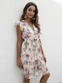 European station elegant casual V-neck waist tie floral print dress