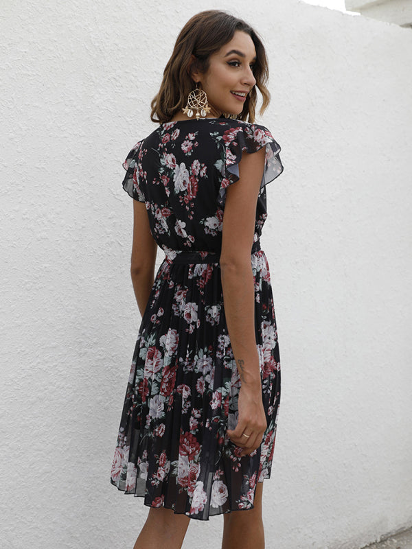 European station elegant casual V-neck waist tie floral print dress