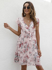 European station elegant casual V-neck waist tie floral print dress