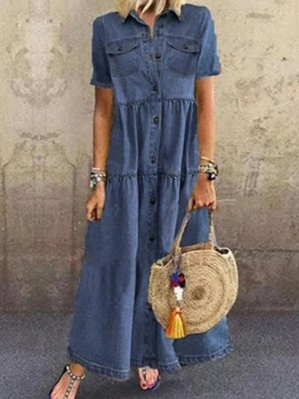 European and American denim style long multi-button distressed dress