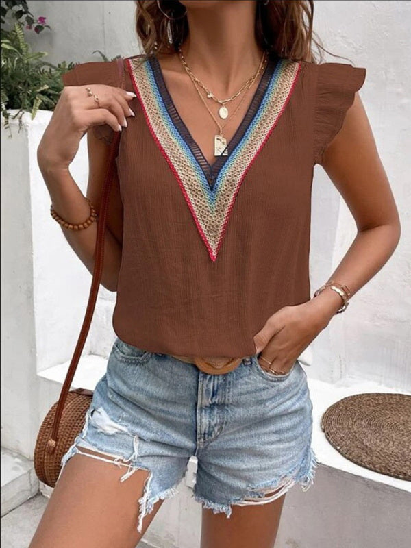 Women's V-neck lace casual solid color shirt