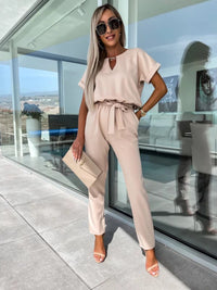 Short-sleeved V-neck slip pocket elastic waist tie-up pencil pants cropped jumpsuit