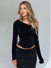 Slanted shoulder waist slit long sleeve slim hot girl T-shirt