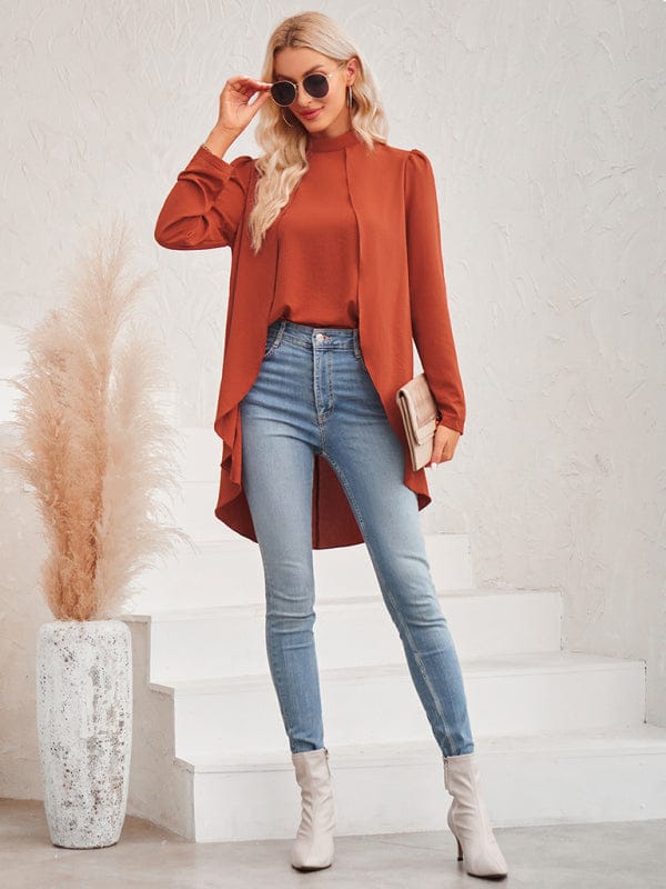 Women's Casual Solid Color Half Turtleneck Long Sleeves Fake Two Piece Shirt