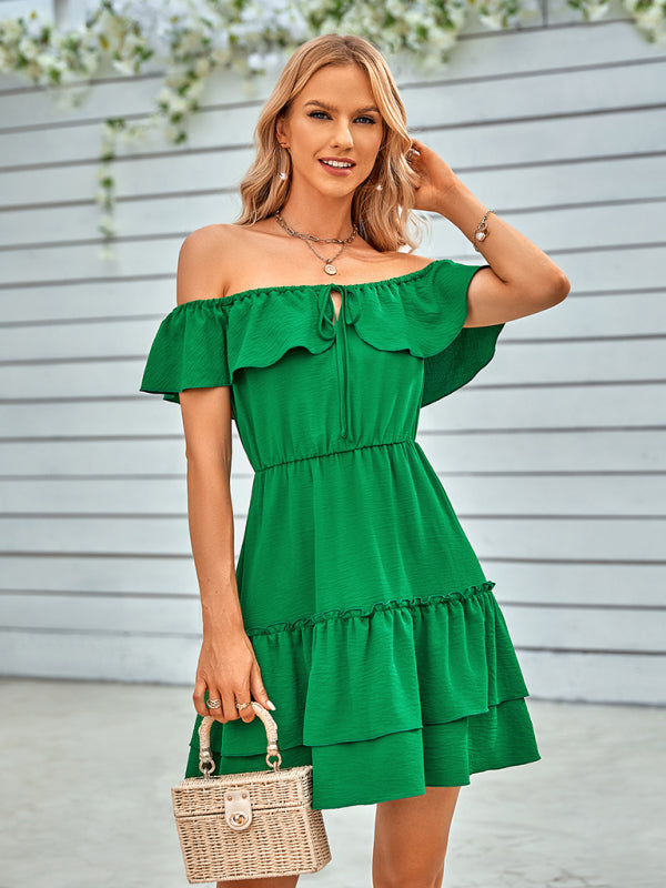 Spring and summer casual strapless ruffled solid color dress