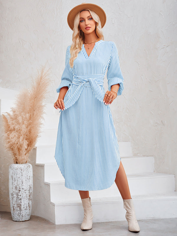 Casual V-neck striped tie waist shirt dress