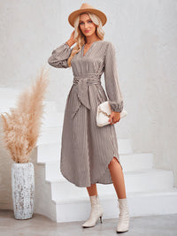 Casual V-neck striped tie waist shirt dress