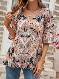 Women's V-Neck Printed T-Shirt Casual Bell Sleeve Top