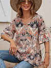 Women's V-Neck Printed T-Shirt Casual Bell Sleeve Top